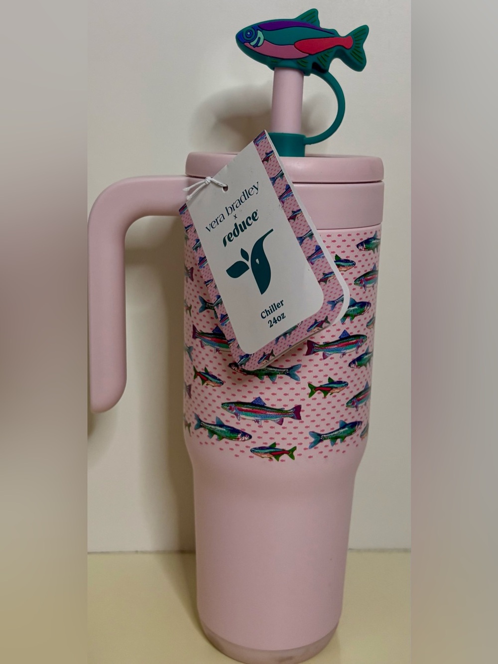 NWT - Vera Bradley Pink Fish Print 24oz Chiller Tumbler with Fish Straw Topper